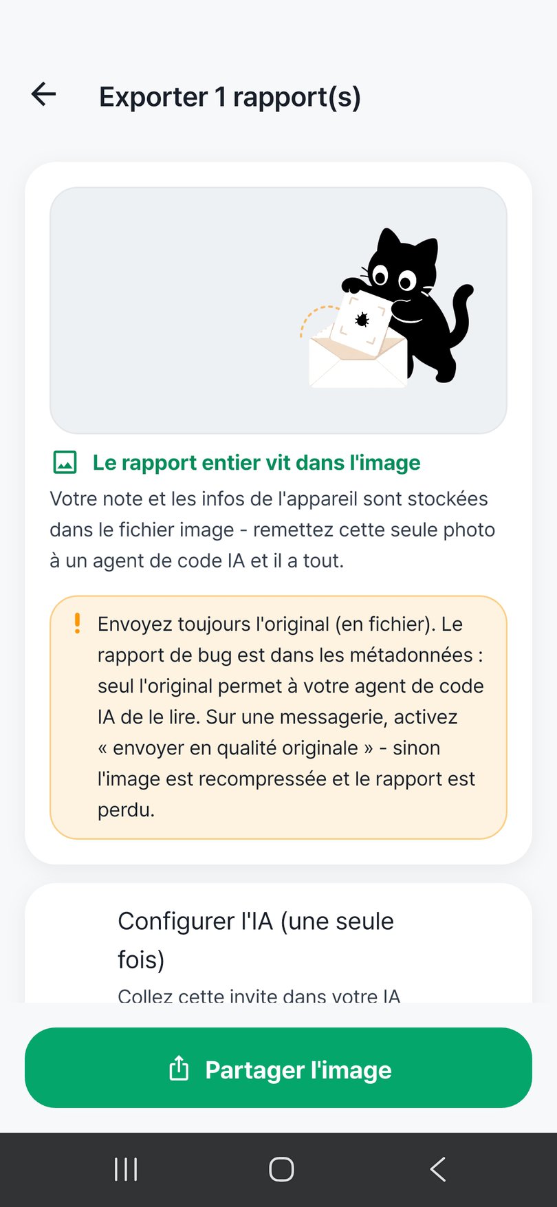 Écran d’export du rapport